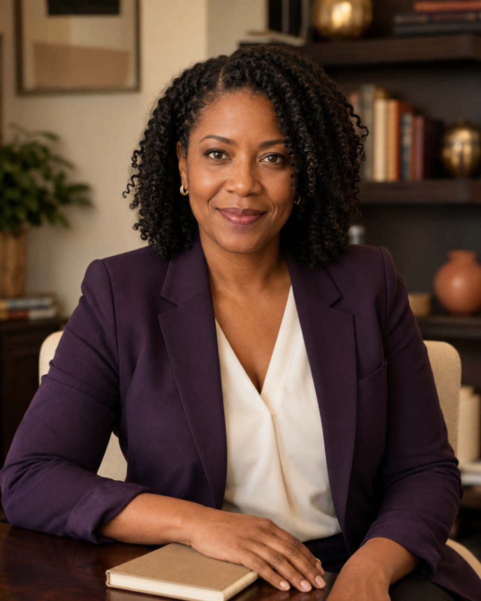Maya Reynolds, Sales Growth Coach and Strategist, seated in a warm consultation workspace.